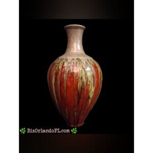 VINTAGE Pier One Vase Burgundy Red / Olive & Tan Drips Texture Ceramic 11" H